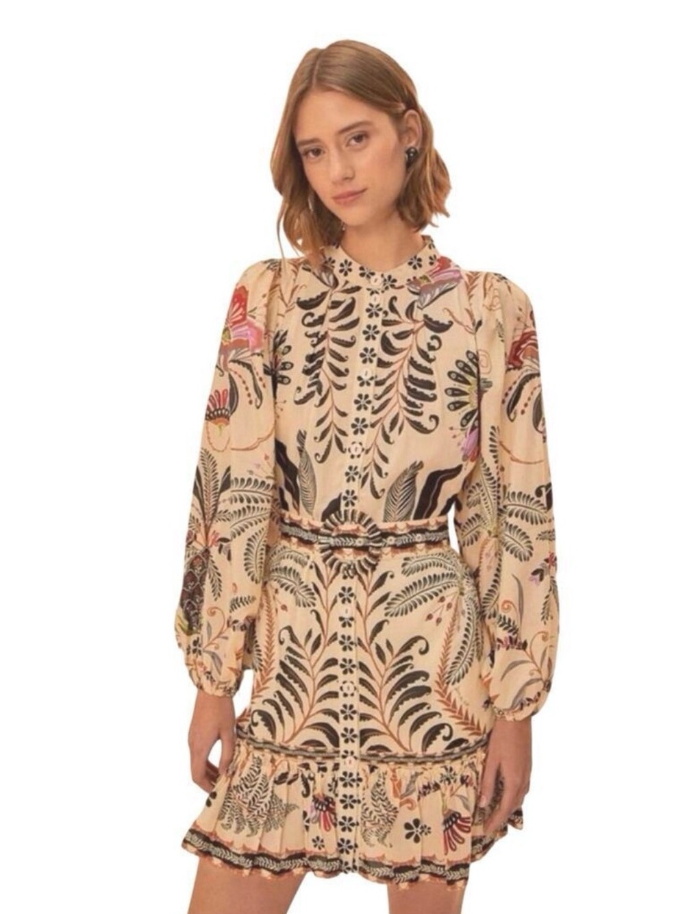 FARM Rio Classic Nature Sand Mini Dress Long Sleeve